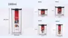 A collage of different sizes of clear plastic food storage containers with black lids and red labels, showing dimensions. Produktbild-Vorschau