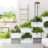 A collection of white planters filled with lush greenery, arranged on a patio with a wooden ladder and a lamp in the background. Anteprima dell’immagine prodotto