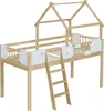 A wooden house-shaped loft bed with a ladder and white decorative panels. Anteprima dell’immagine prodotto