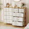 Two fabric drawer units with a bamboo frame, one taller than the other, are placed side-by-side. The top surfaces are decorated with various items. Podgląd zdjęcia produktu