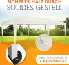 A white pop-up canopy tent set up in a grassy outdoor area with trees in the background. Close-up insets show details of the tent's frame and anchoring system. Produktbild-Vorschau