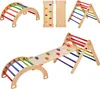 A collection of wooden climbing toys for children, including a Pikler triangle, a climbing ramp, and a rocking arch. Voir les images du produit