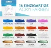 A collage of acrylic paint swatches and a product tube, showcasing 16 different colors. Produktbild-Vorschau