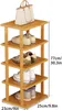 A wooden shoe rack filled with different types of footwear and a handbag on top. Produktbild-Vorschau