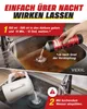 A two-part image showing the use of a drain cleaner. The top part shows the cleaner being poured into a sink, and the bottom part shows hot water being poured into the sink. Produktbild-Vorschau