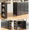 A collage of images showing a black kitchen island with a wooden countertop, featuring shelves and cabinets, in various configurations and open states. Anteprima dell’immagine prodotto