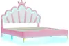 A pink princess-themed bed with a crown headboard and LED lighting. Podgląd zdjęcia produktu