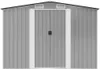 A front view of a gray metal garden shed with double doors and two vents at the top. Náhled obrázku produktu