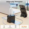 A VOOMY travel adapter is shown plugged into a laptop, charging a smartphone. Produktbild-Vorschau