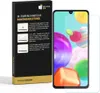 A product package for a phone screen protector, with a phone displaying a colorful abstract image shown next to it. Produktbild-Vorschau