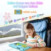 A young girl is using a tablet in a train or car, with a scenic view outside the window. Produktbild-Vorschau