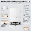 A marketing image showcasing the features of a multifunctional docking station for a robot vacuum cleaner. Produktbild-Vorschau