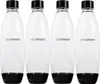 Four clear SodaStream bottles with black caps and bases are arranged in a row against a white background. Produktbild-Vorschau
