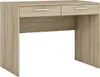 A light brown wooden desk with two drawers and silver handles, shown against a white background.