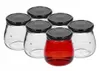 A group of six glass jars with black lids, one of which is filled with a red liquid. Anteprima dell’immagine prodotto