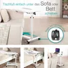 A collage of images showing a white adjustable height table with wheels, used next to a sofa and a bed, with a close-up of a wheel with a brake. Anteprima dell’immagine prodotto