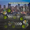 A monster truck toy car is shown in motion against a city skyline at dusk. The image also features a remote control and text overlays. Produktbild-Vorschau