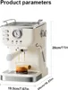 A cream-colored espresso machine is shown with coffee brewing into a glass beaker. Dimensions are indicated with text overlays. Náhled obrázku produktu