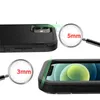Close-up views of a phone case highlighting its thickness with magnifying glasses showing measurements. Produktbild-Vorschau