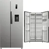 A side-by-side refrigerator with its doors open, showing the interior shelves and compartments. The exterior of the refrigerator is also visible on the left. Produktbild-Vorschau