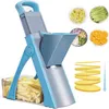 A multi-part image showing a blue and silver vegetable slicer, along with various chopped vegetables and sliced oranges, and a diagram illustrating different slicing thicknesses. Voir les images du produit