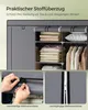A collage showing a portable wardrobe, including a close-up of its fabric cover, the interior with folded clothes and hanging garments, and details of its closure mechanisms. Anteprima dell’immagine prodotto