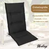 A black chair cushion is shown with dimensions and product information overlaid. Produktbild-Vorschau