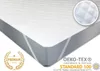 A close-up view of a white quilted mattress protector with gray sides, shown diagonally on a white background. Produktbild-Vorschau