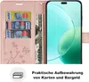 A pink flip wallet phone case with card slots and a bill compartment, next to a smartphone. Produktbild-Vorschau