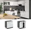 A modern white high-gloss kitchen with a dark marble backsplash and a wooden dining table in the foreground. Below the main kitchen image are two separate images of kitchen base cabinets. Voir les images du produit