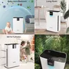 Collage of four images showing an air purifier in different settings: a baby room, a living room, a room with children, and outdoors with trees. The images highlight features like air purification and ion release. Produktbild-Vorschau