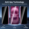 Three phones are displayed, with the middle one showing a clear screen and the two side ones showing a blacked-out screen, illustrating the anti-spy feature. Produktbild-Vorschau