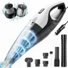 A handheld vacuum cleaner with various attachments and accessories, presented in a marketing-style image with illustrative elements. Produktbild-Vorschau