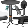 Collage of a foldable bistro table in various states and views, with close-ups of its features and a German flag accent.