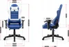 A collage showing front and side views of a blue and white gaming chair with dimensions indicated. Anteprima dell’immagine prodotto
