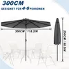 A diagram showing an open and closed umbrella with dimensions and suitability for people. Voir les images du produit