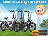 Three electric bikes are displayed on a grassy area with a blue sky and mountains in the background. There are also promotional overlays and text. Produktbild-Vorschau