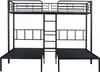 A black metal triple bunk bed with a ladder and guardrails, shown against a white background. Náhled obrázku produktu