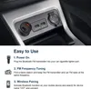 A close-up view of a car's center console with a Bluetooth FM transmitter plugged into the cigarette lighter port, along with instructions on how to use it. Produktbild-Vorschau