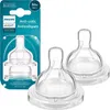 A product shot of Philips Avent anti-colic baby bottle nipples in packaging and two loose nipples. Voir les images du produit