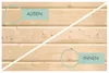 A close-up view of wooden planks, divided by a white diagonal line, with text labels indicating 'AUẞEN' (outside) and 'INNEN' (inside). Produktbild-Vorschau