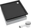 A black square shower tray with a grey base and a white drain fitting. Produktbild-Vorschau
