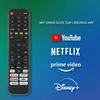 A remote control is shown next to logos of popular streaming services, with German text indicating easy access to favorite apps. Produktbild-Vorschau