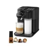A black Nespresso coffee machine with a glass of coffee and milk, a milk frother container, and coffee capsules. Produktbild-Vorschau