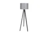 A floor lamp with a tripod base and a gray cylindrical lampshade, isolated on a white background. Produktbild-Vorschau