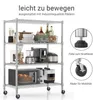 A four-tier metal shelving unit filled with kitchen appliances and food items, with close-up diagrams of the wheels and leveling feet on the right side. Voir les images du produit