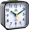 A close-up view of a black analog alarm clock with a white face. Produktbild-Vorschau