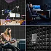 A collage of four images showing acoustic foam panels in different settings, including a recording studio setup, a person working at a computer, a guitarist playing, and a close-up of a microphone. Produktbild-Vorschau