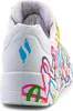 A close-up rear view of a white SKECHERS sneaker with colorful abstract designs. Voir les images du produit