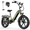 An olive green electric bicycle with fat tires, a black seat, black handlebars, and black fenders. It is shown with a bicycle pump and a coiled cable lock. Produktbild-Vorschau